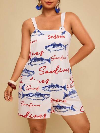 Travachic Damen Große Größen Romper mit Buchstaben- und Fisch-Muster für den Alltag