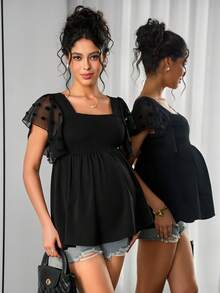 Momance 孕妇方领网纱拼接优雅上衣 - 黑色 - 查看 6