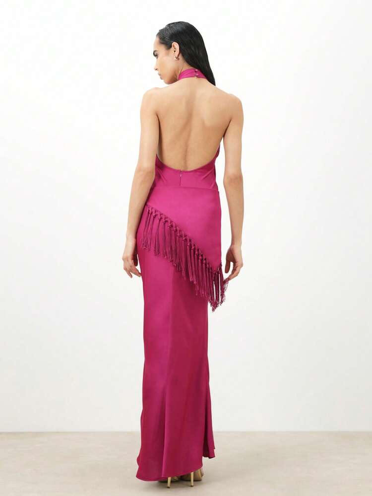 KSTM Halter Neck Maxi Dress With Fringe Detail And Open Back Design For Special Occasions And Evening Events