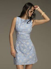 COSMINA Women's Light Blue Baby Blue Floral Embroidery Hollow Out Sleeveless Mini A-Line Dress, Casual Elegant Vacation Dress - Baby Blue - View 6