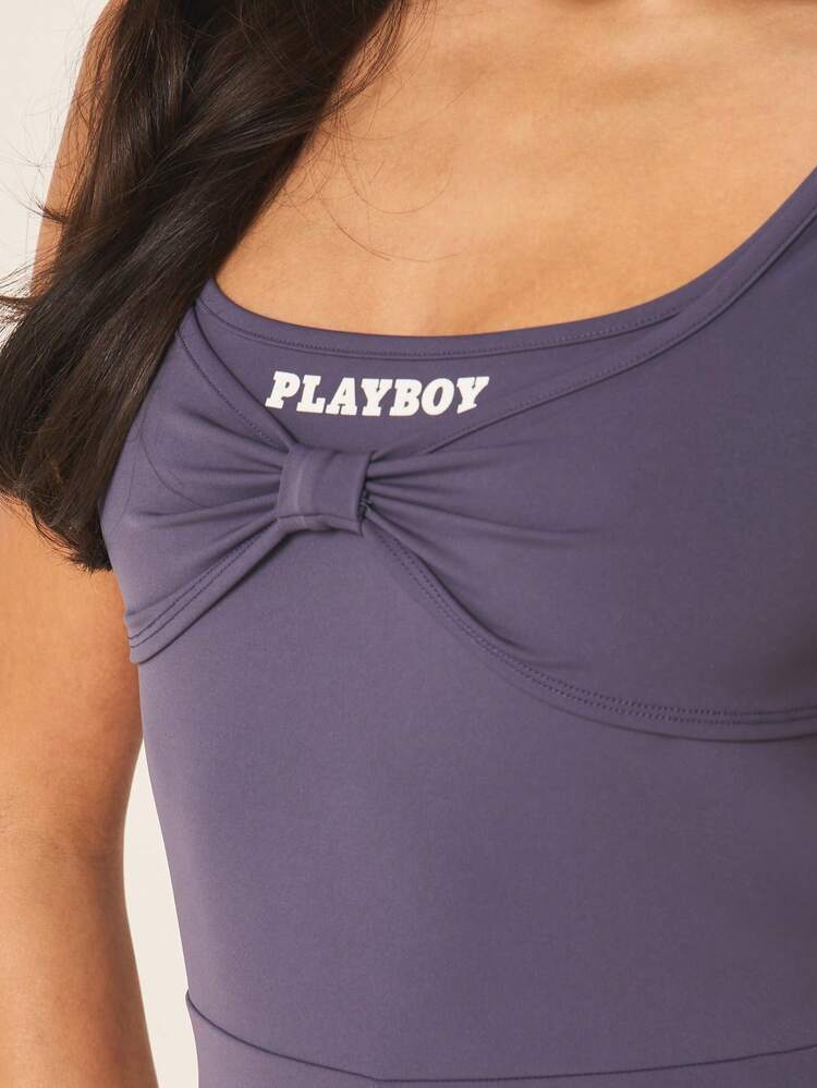 Missguided x Playboy Sleeveless Purple Ruched Panel Jumpsuit With Scoop Neckline High Rise Short Length Perfect For Summer Casual Wear And Weekend Outings