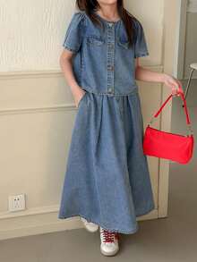 Hapijoa Bộ áo tay phồng cài cúc và chân váy denim cho bé gái tuổi teen - Màu xanh lam - Xem 2