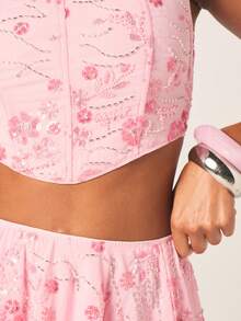 MISSGUIDED Embellished Pink Floral Corset Crop Top With Lace Up Back Detail And Square Neckline For Spring Summer - Pink - View 6