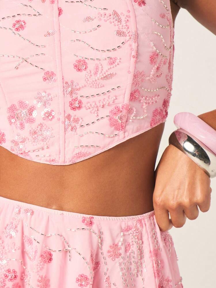 MISSGUIDED Gorset w kolorze różowym z kwiatowym wzorem, koronką na plecach i kwadratowym dekoltem na wiosnę i lato