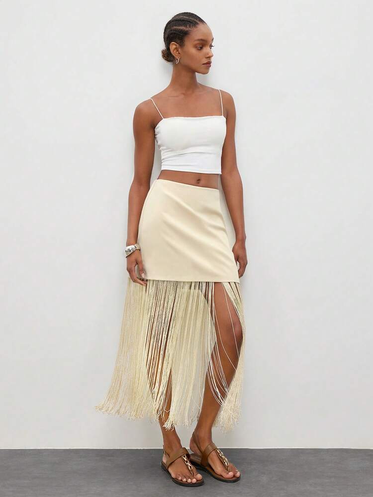 SHEIN Maija Beige,Autumn,Mamma Mia,Night Out,Party Women's Fashionable Tassel Hem A-Line Casual Blouses Skirt,Summer Beach Holiday Vacation Outfits,Spring Outfit