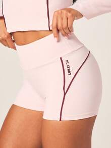Missguided x Playboy 女士高腰粉色运动短裤，撞色滚边和品牌标识，适合健身房锻炼和运动穿着 - 粉色 - 查看 4