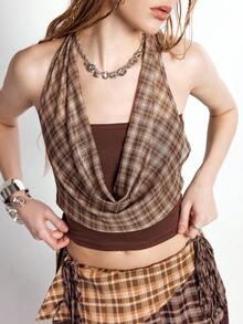 Bloopia 女士格子露肩细肩带拼接吊带衫 - 卡其色 - 查看 5