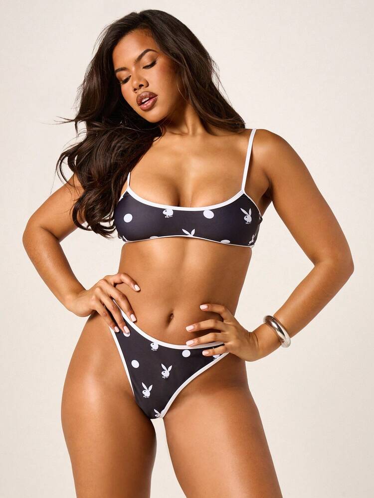 Missguided x Playboy Women's Printed Black Two Piece Bikini Set With Polka Dot Bunny Pattern Swim Top And High Waisted Bottom Summer Beachwear