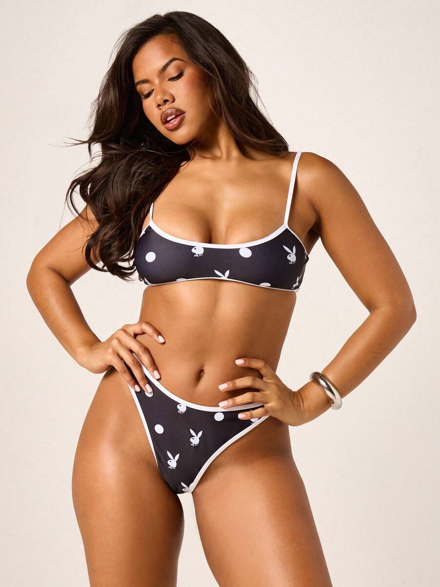 Missguided x Playboy Bộ bikini hai mảnh màu đen in họa tiết chấm bi hình thỏ dành cho nữ, áo bơi và quần cạp cao, đồ đi biển mùa hè. - Đen và trắng - Xem 1