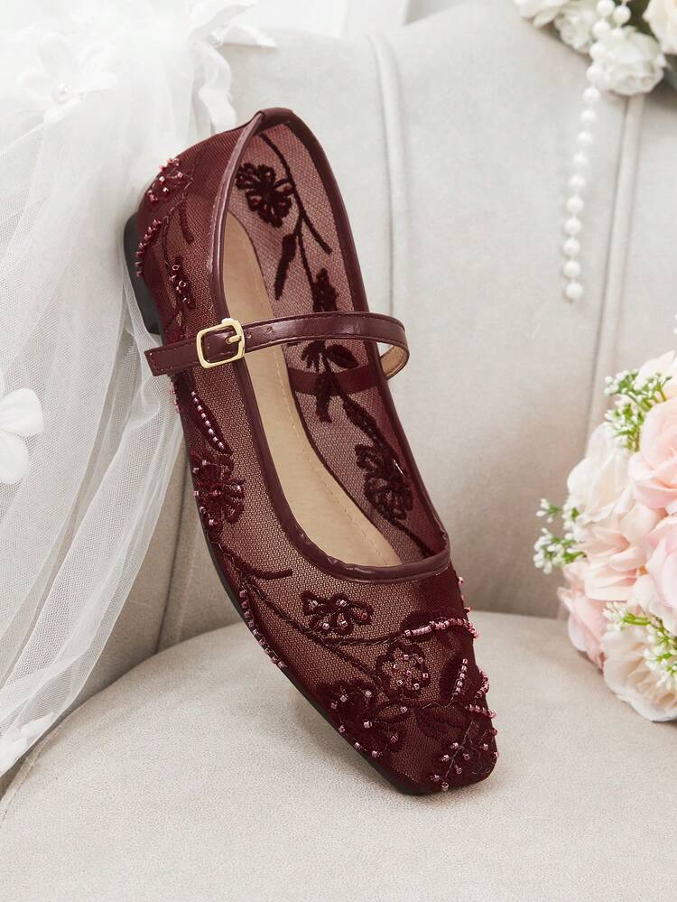 CUCCOO HITCHD Women's Beaded Floral Decor Buckle Design Fashion Flat Shoes Elegant Shoes Wedding Shoes