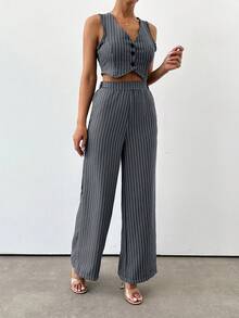 EURMUSE Black Stripe Linen Look Co-Ord - Grey - View 5