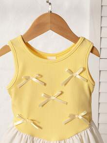 Souflis Souflis Baby Girl Patchwork Round Neck Bow Decor Ruffle Fashion Party Dress - Yellow - View 3