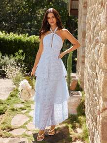 KARISMINA 女士春夏休闲优雅浪漫提花层叠下摆连衣裙，蓝色连衣裙，婚礼宾客礼服 - 淺藍色 - 查看 4