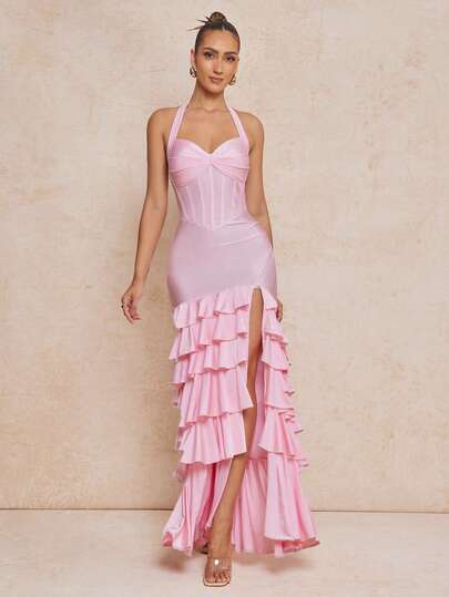 Lumalex 女士亮面面料褶皱露背收腰修身不对称开衩荷叶边下摆连衣裙