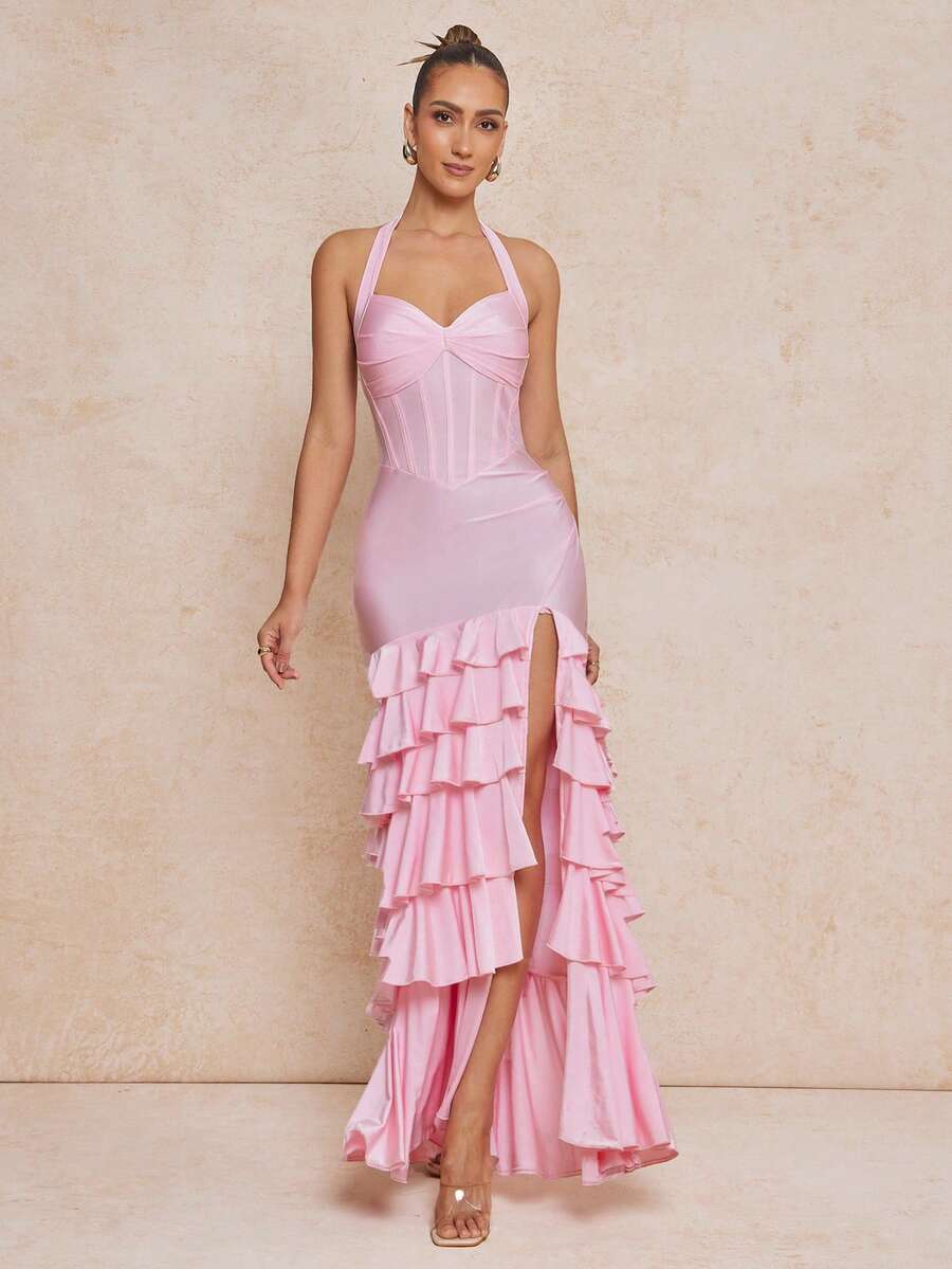 Lumalex 女士亮面面料褶皱露背收腰修身不对称开衩荷叶边下摆连衣裙