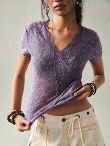 SoleilVie Women's V-Neck Jacquard Knit Contrast Lace Casual Vacation Versatile T-Shirt - Purple - View 5