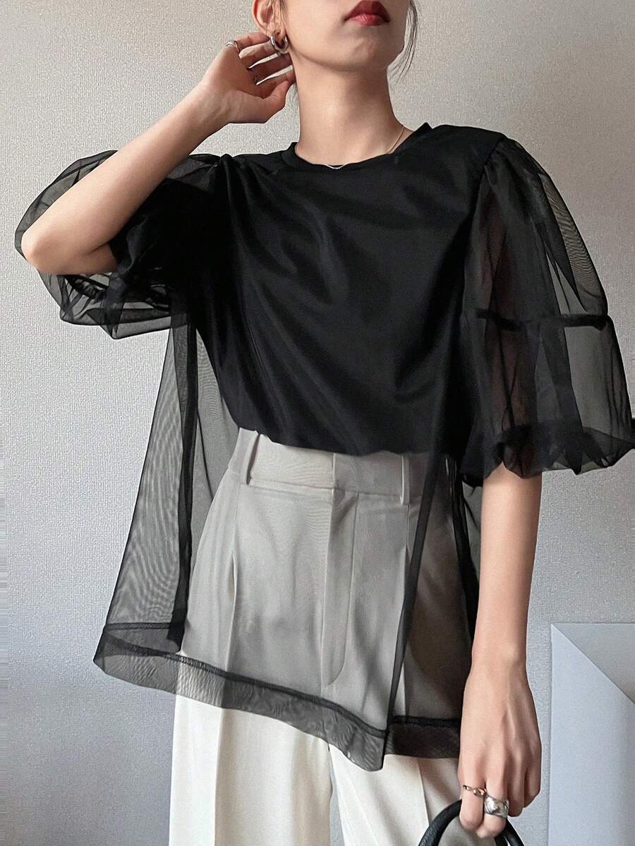 FRIFUL 女士夏季休闲通勤网眼拼接T恤 - 黑色 - 查看 1