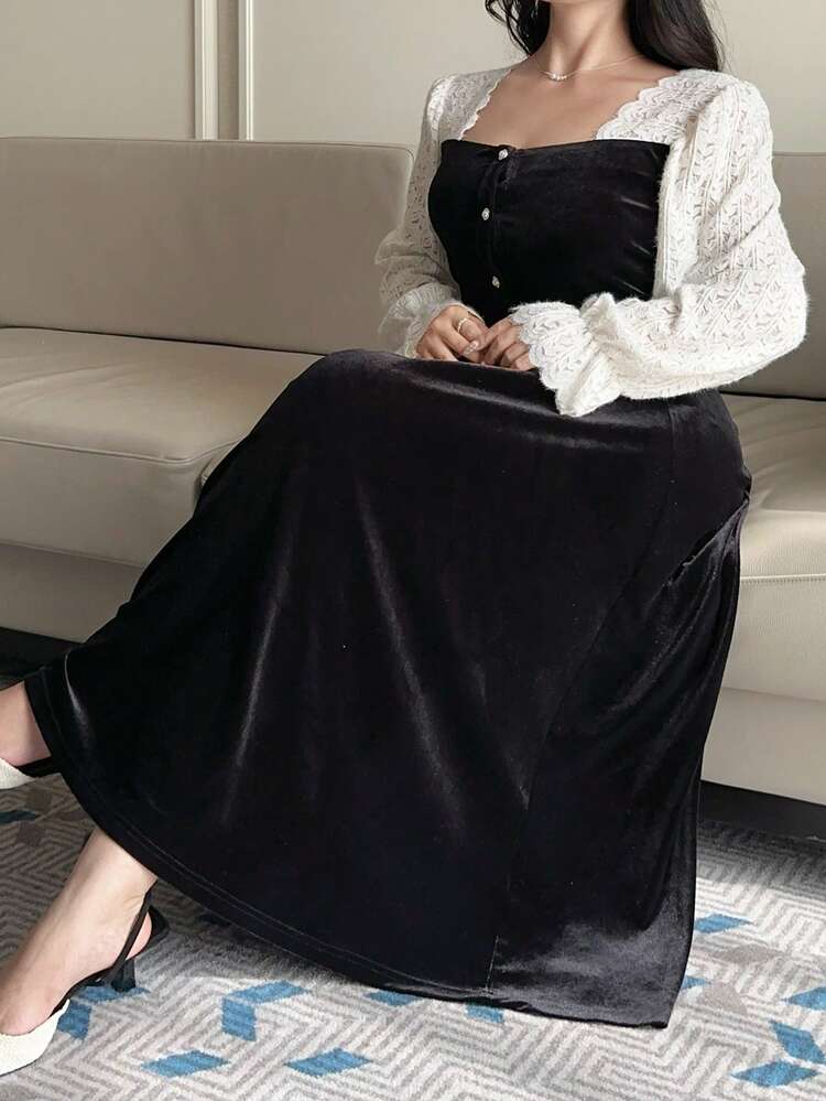 Dazy Plus Color Block Lace & Velvet Patchwork Elegant Flare Sleeve Plus Size Midi Dress For Women, Spring/Summer