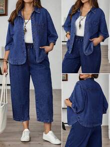 EMERY ROSE EMERY ROSE Blusa vaquera casual versátil de manga 3/4 con botones delanteros para tallas grandes - Azul lavado oscuro - Ver 2