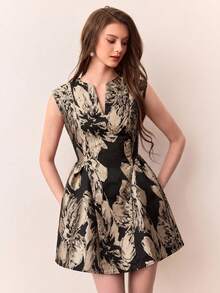 Aveloria Rosie 优雅花瓣袖提花撞色腰部连衣裙，无袖，姿态优美 - 彩色 - 查看 4