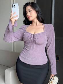 Dazy Plus 大尺碼女款純色彈性修身前綁帶短版喇叭袖粉色T恤，春夏長袖 - 紫色 - 查看 4