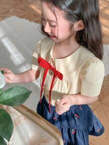 DAZY Young Girls Turndown Collar Solid Color Short Sleeve Shirt Summer - Yellow - View 1
