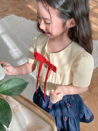 DAZY Young Girls Turndown Collar Solid Color Short Sleeve Shirt