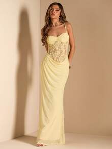 SHEIN BAE 蕾丝拼接无袖网纱鱼尾连衣裙，黄色连衣裙，优雅连衣裙，度假连衣裙，婚礼伴娘迷你裙，生日派对迷你裙，返校及毕业典礼连衣裙 - 黃色 - 查看 5