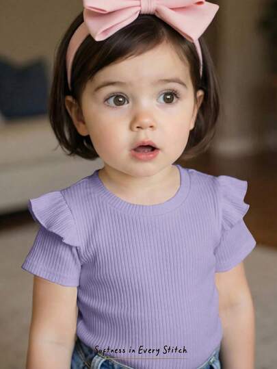 Cozy Pixies Baby Girl Solid Color Soft Knit Ruffle Trim Crew Neck Short Sleeve Top