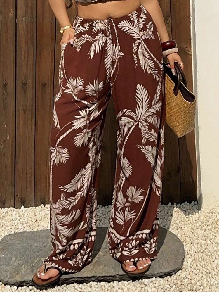 Dazy Plus Plus Size Women Tropical Plant Print Drawstring Waist Pajama Pants