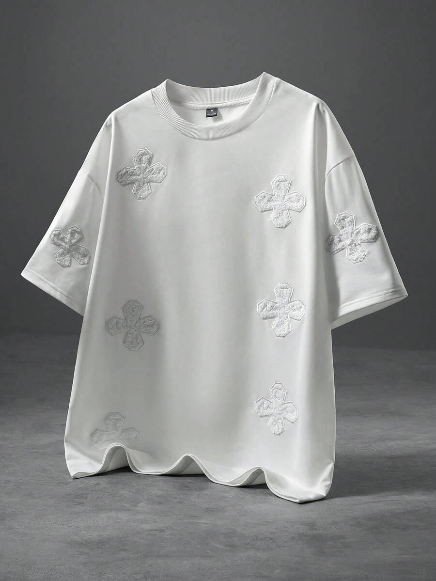 Manfinity Roghcode Men's Solid Color Minimalist Pattern Round Neck Short Sleeve T-Shirt - White - View 1