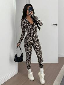 SHEIN EZwear Women's Leopard Print Layering Top And Leggings Casual Outfit - Multicolor - View 6