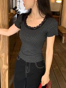 DAZY 女士休闲波点蕾丝边T恤，夏季 - 灰色 - 查看 3