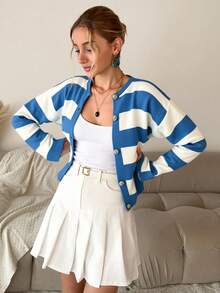 SHEIN Cottnline Cárdigan corto casual con bloques de color y rayas para mujer, para primavera y otoño - Agua verde azul - Ver 5
