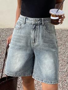 Livesso 女士休闲日常口袋纽扣牛仔短裤 - 藍色 - 查看 1