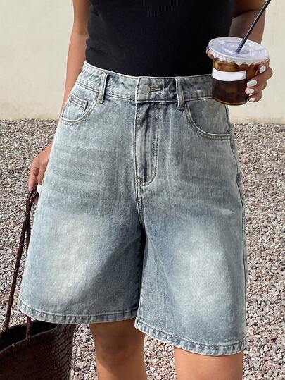 Livesso 女士休闲日常口袋纽扣牛仔短裤