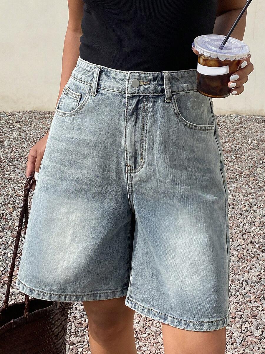 Livesso 女士休闲日常口袋纽扣牛仔短裤 - 藍色 - 查看 1