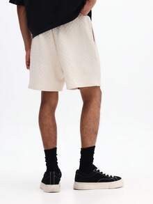 SUMWON Cream Herringbone Pattern Drawstring Casual Shorts With Elastic Waistband Regular Fit Summer Bermuda Style Mid Thigh Length Relaxed Comfort Shorts - Apricot - View 2