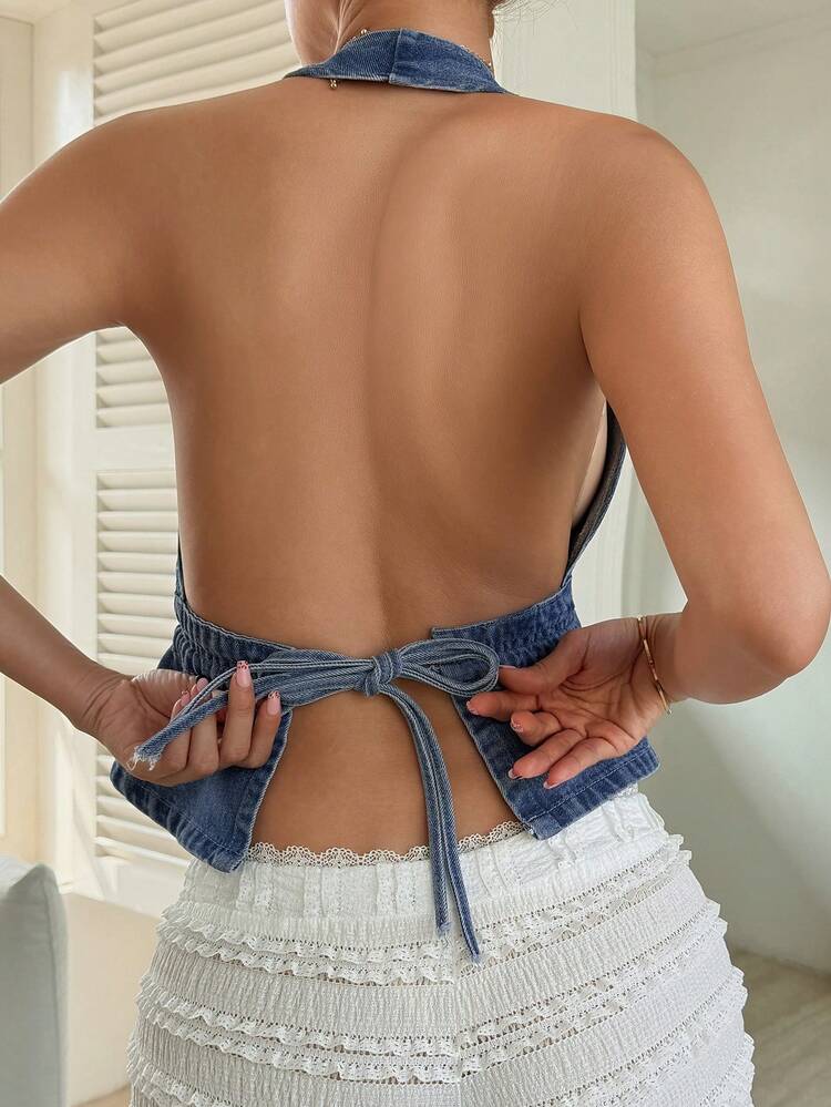 Women's Fashionable Sexy Halter Backless Denim Blouse Summer