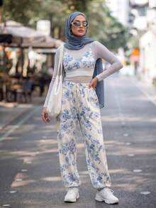 Calvaya 2 件套印花短款吊带背心短款上衣和高腰阔腿裤 - 彩色 - 查看 3