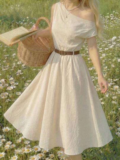 SHEIN MOD Women's Oblique Shoulder Brown Belt Long Dress.Ivory One Shoulder Midi Dress, Spring /Summer Outfits Women,Romantic,Elegant Vacation Party Midi Dress,Summer Holiday Outfits,Elegant Party , Luxury Evening, Ceremony,Beach Vacation Outfits,Vacation Outfits Women, Elegant Women's Ceremony Dress,Wedding Guest Dress For Women, Luxury Evening Dresses, Formal Dress,Graduation Dress For Women,Creamy Vintage Dress, Milkmaid Dress, Greek Goddess Dress, French Style Dress