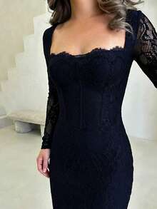 Jemour Vestido Maxi Negro Ajustado con Cuello Cuadrado, Mangas Largas, Encaje, Copas de Pecho con Ballenas en Forma de S, Sexy para Fiesta de Verano, Cita Nocturna, Invitada de Boda, Vestido Elegante para Mujer, Vestido de Año Nuevo, Vestido de Fiesta Elegante, para Mujeres Petite - Azul Marino - Ver 3