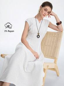 Aalyst Women's V-Neck Waist Cinching Dress, Suitable For Vacation, Commuting, Spring/Summer Wear - Beige - View 3