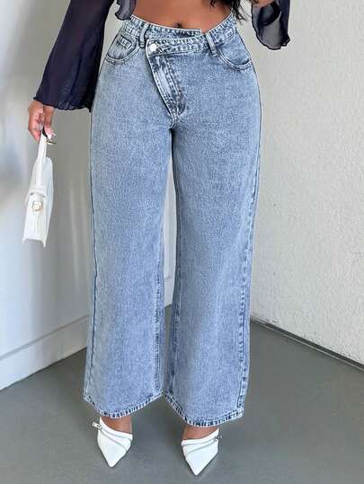 Alexandranx Women Asymmetrical Waistband Pocket Straight Loose Casual Denim Jeans