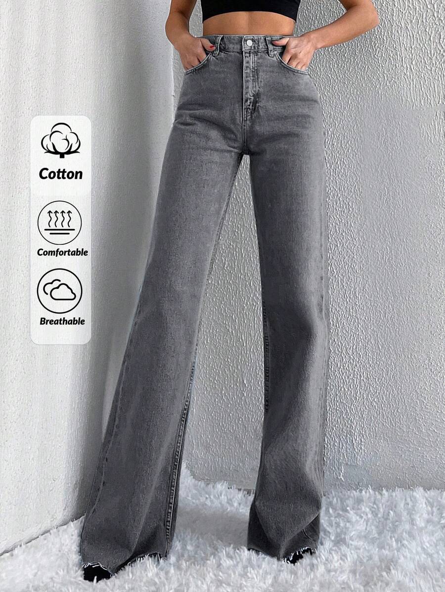 SHEIN Tall 100% 纯棉高腰原边阔腿牛仔裤 - 深灰色 - 查看 1