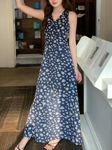K-Vae 1 chiếc đầm không tay bằng vải chiffon họa tiết hoa nhí dành cho nữ, kiểu dáng thanh lịch ôm sát. - Màu xanh lam - Xem 5