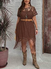 SHEIN LUNE Gaun Renda Rumbai Kasual Ukuran Besar - Coffee Brown - View 4