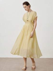 Aalyst 女士春夏优雅浪漫度假连衣裙，圆领，腰部收褶，短袖，A字长款，浅黄色，适合外出、新年、情人节、复活节、母亲节、中东婚礼、职场、休闲等场合。 - 淡黃色 - 查看 4