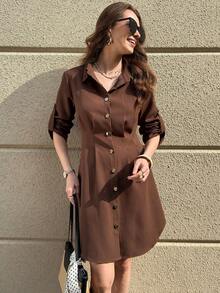 Solivie 女士新款豹纹衬衫领开襟短裙，适合日常通勤及多种场合 - 棕色 - 查看 8