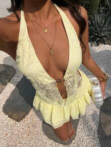 Aloruh Women's Summer New Arrival Pale Yellow Elegant Sexy Fashionable Y2K Babe Beach Vacation Romantic Date Influencer Check-In Draped Neck Beaded Open Back Tie Strap Chiffon Ruffle Hem Peplum Two Pieces Set - Light Yellow - View 5